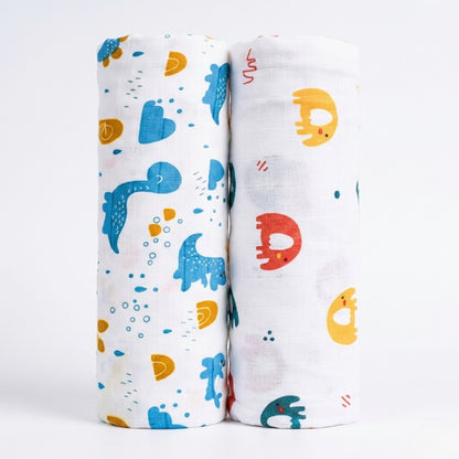 Lazytoddler Muslin Swaddle Printed Design (Blue Dino & Elephant) Set of 2
