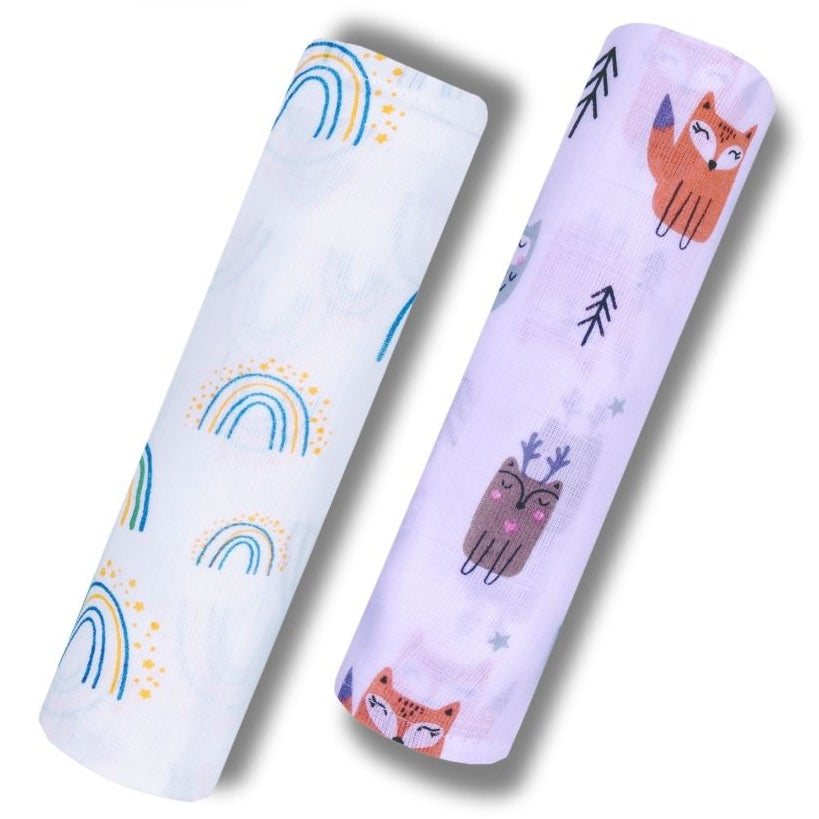 Lazytoddler Muslin Swaddle Printed Design (Rainbow & Fox)  Set of 2