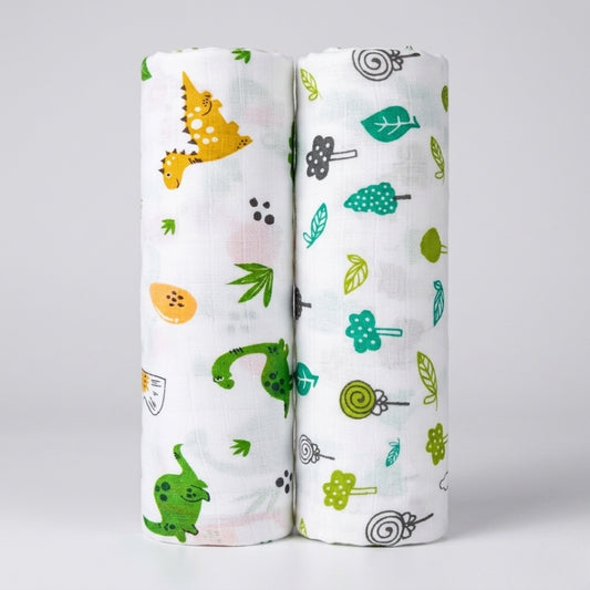 Lazytoddler Muslin Swaddle Printed Design (Dino & Leaf ) Set of 2