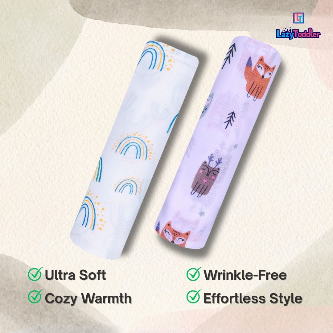 Lazytoddler Muslin Swaddle Printed Design (Rainbow & Fox)  Set of 2