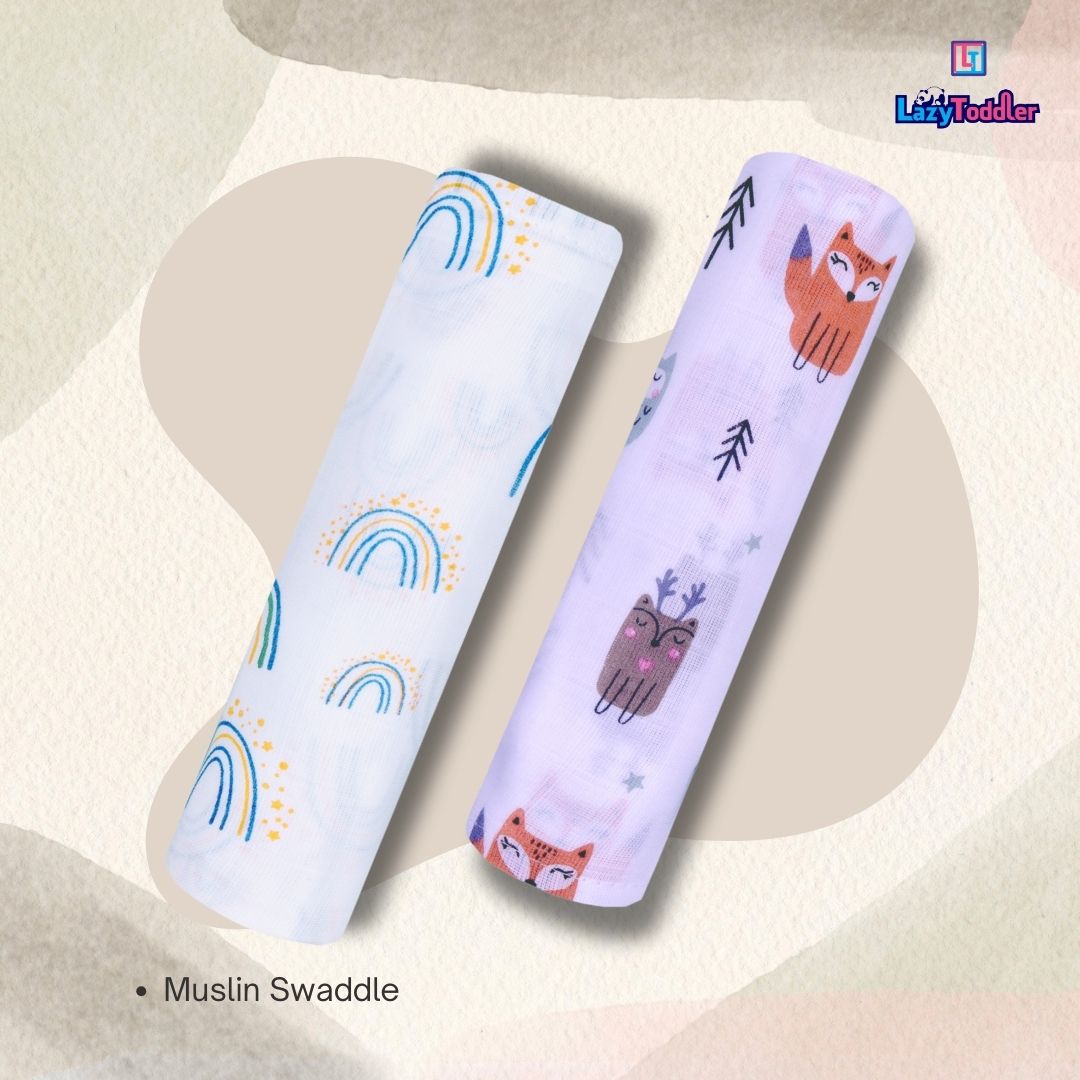 Lazytoddler Muslin Swaddle Printed Design (Rainbow & Fox)  Set of 2