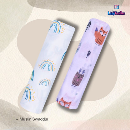 Lazytoddler Muslin Swaddle Printed Design (Rainbow & Fox)  Set of 2