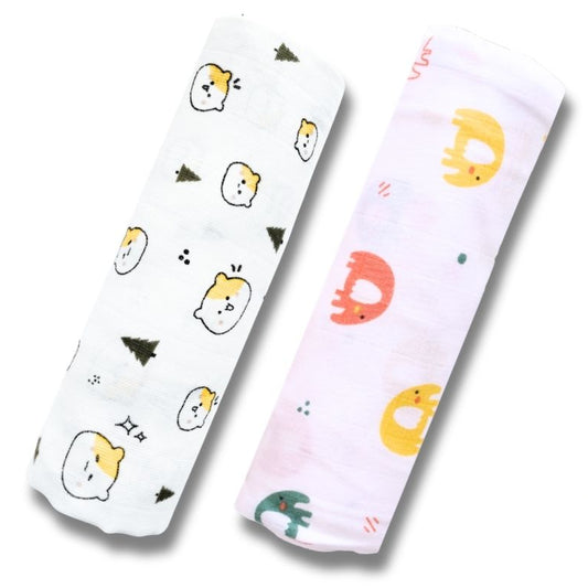 Lazytoddler Muslin Swaddle Printed Design (Teddy & Elephant)  Set of 2