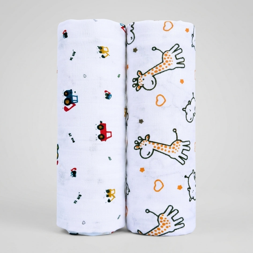 Lazytoddler Muslin Swaddle Printed Design (Crane & Giraffe)  Set of 2