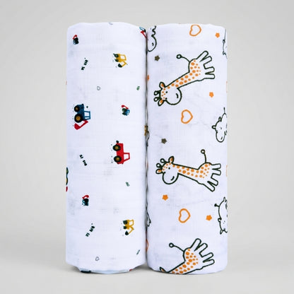 Lazytoddler Muslin Swaddle Printed Design (Crane & Giraffe)  Set of 2