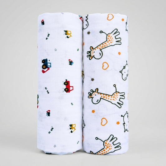 Lazytoddler Muslin Swaddle Printed Design (Crane & Giraffe)  Set of 2