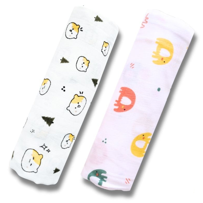 Lazytoddler Muslin Swaddle Printed Design (Teddy & Elephant)  Set of 2