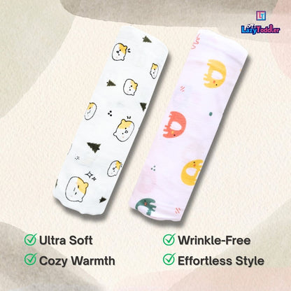 Lazytoddler Muslin Swaddle Printed Design (Teddy & Elephant)  Set of 2