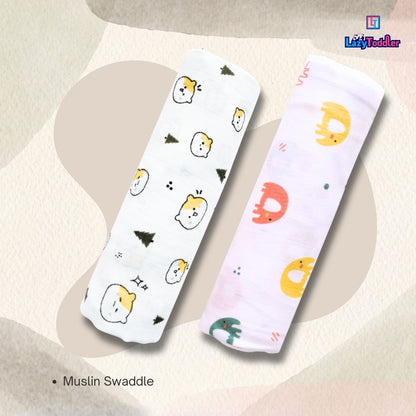 Lazytoddler Muslin Swaddle Printed Design (Teddy & Elephant)  Set of 2