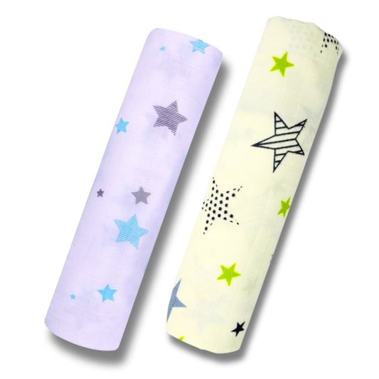 Lazytoddler Muslin Swaddle Printed Design (Blue Star & New Star)  Set of 2