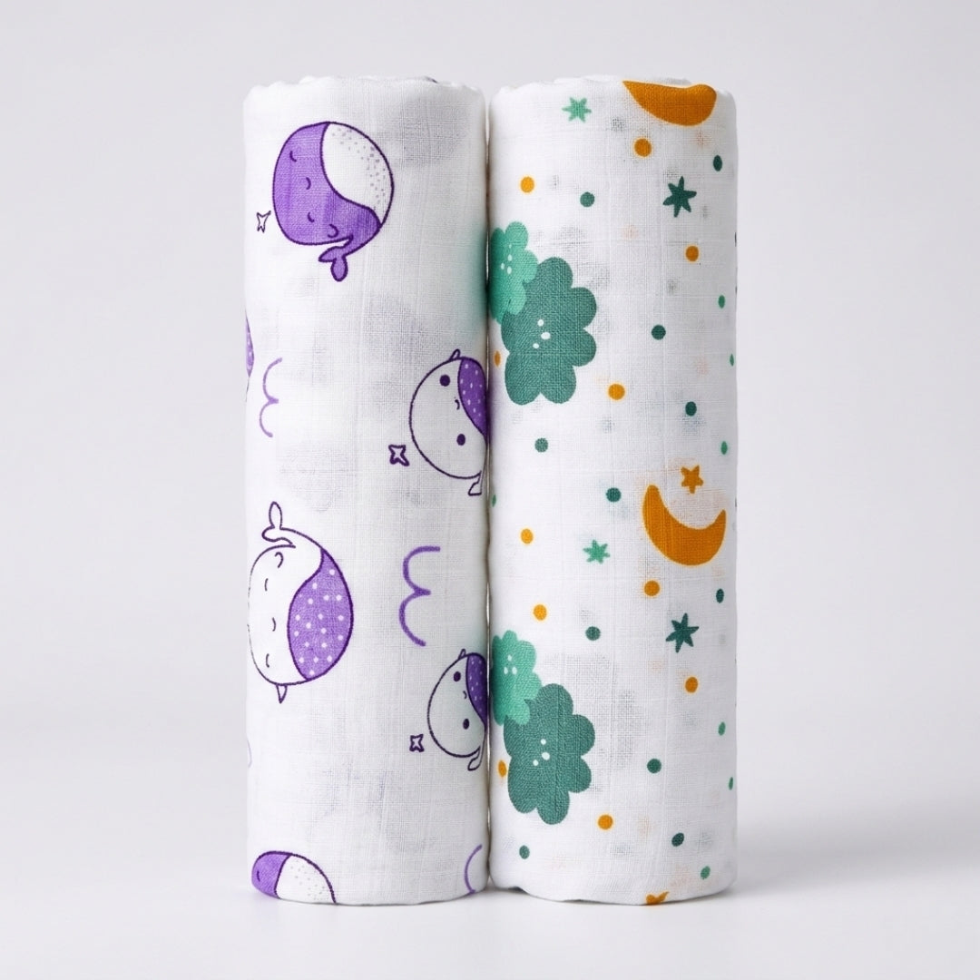 Lazytoddler Muslin Swaddle Printed Design (Whale & Cloud) Set of 2