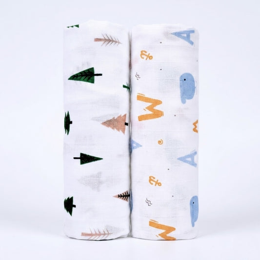 Lazytoddler Muslin Swaddle Printed Design (Tree & Alphabet) Set of 2