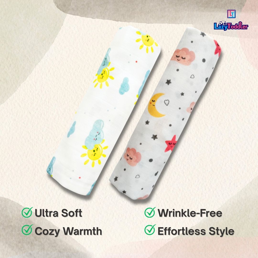 Lazytoddler Muslin Swaddle Printed Design (Moon & Sun ) Set of 2