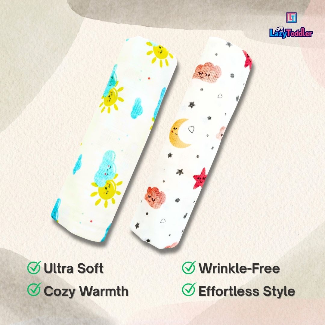 Lazytoddler Muslin Swaddle Printed Design (Moon & Sun ) Set of 2
