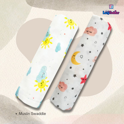 Lazytoddler Muslin Swaddle Printed Design (Moon & Sun ) Set of 2