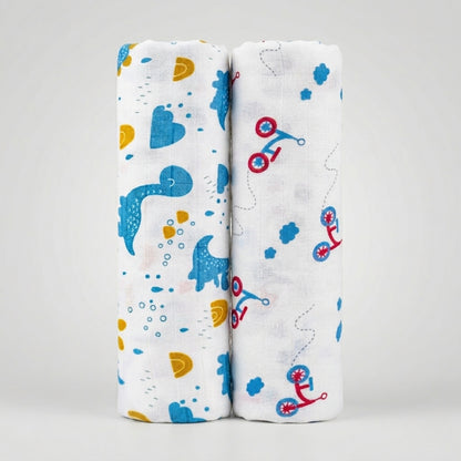 Lazytoddler Muslin Swaddle Printed Design (Blue Dino & Cycle)  Set of 2