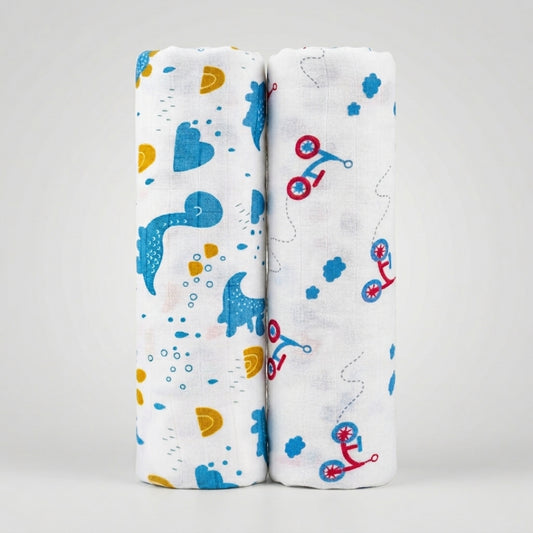 Lazytoddler Muslin Swaddle Printed Design (Blue Dino & Cycle)  Set of 2
