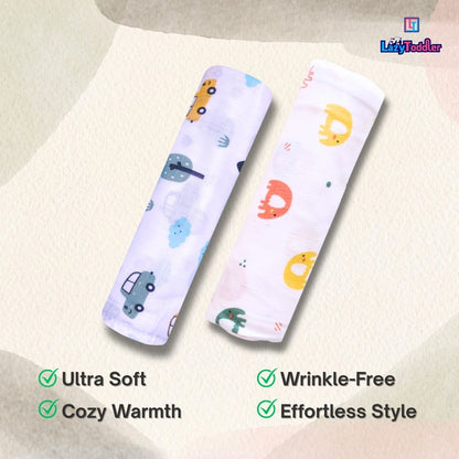 Lazytoddler Muslin Swaddle Printed Design (Car & Elephant)  Set of 2