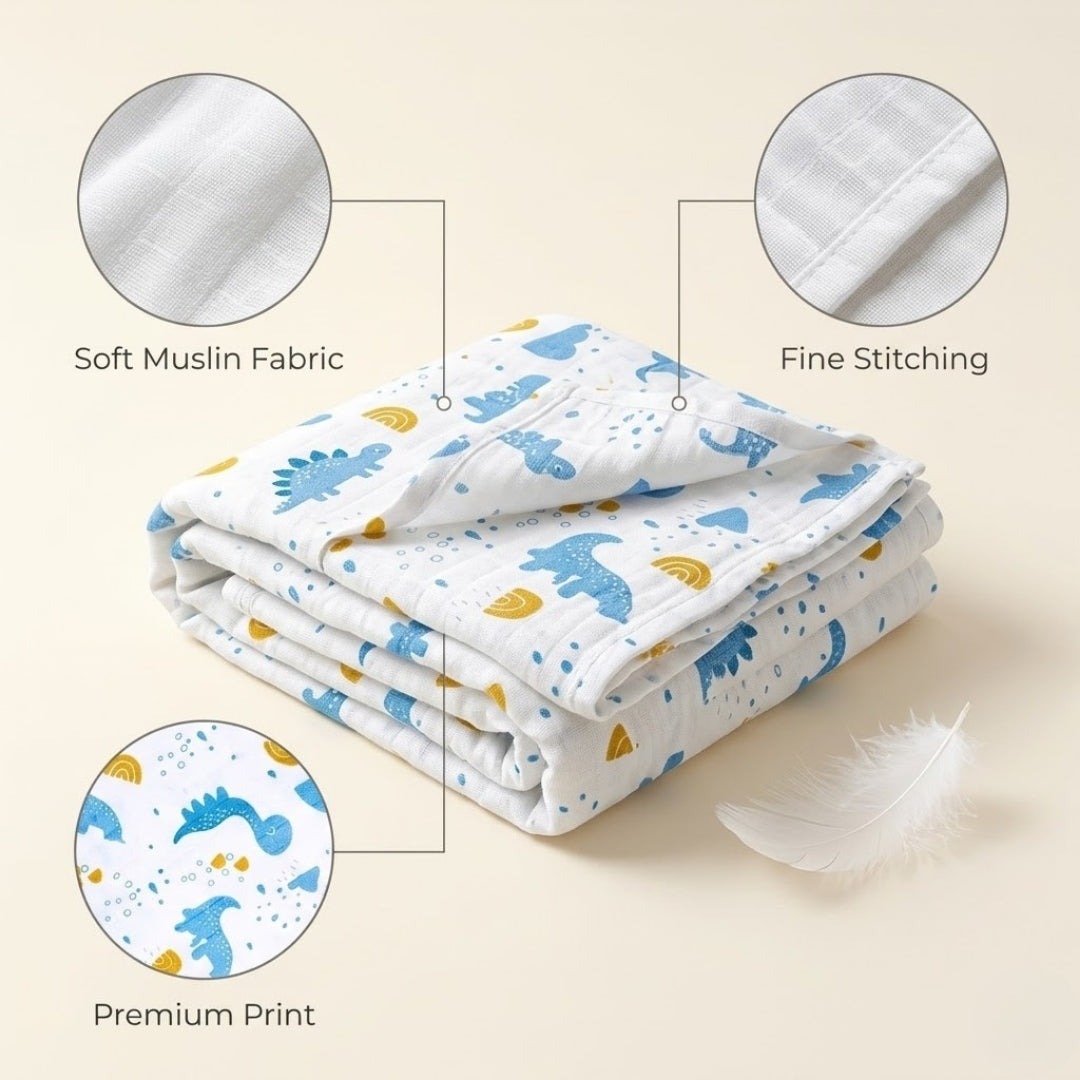 Lazytoddler Muslin Swaddle Printed Design (Blue Dino & Cycle)  Set of 2
