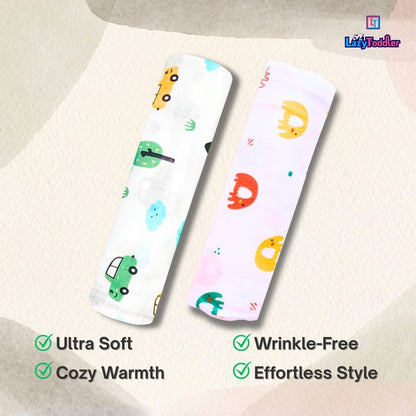 Lazytoddler Muslin Swaddle Printed Design (Car & Elephant)  Set of 2