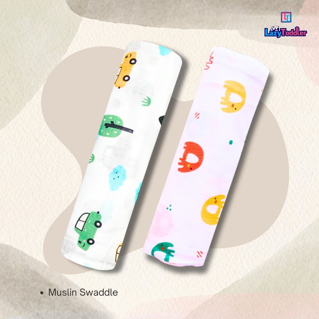 Lazytoddler Muslin Swaddle Printed Design (Car & Elephant)  Set of 2
