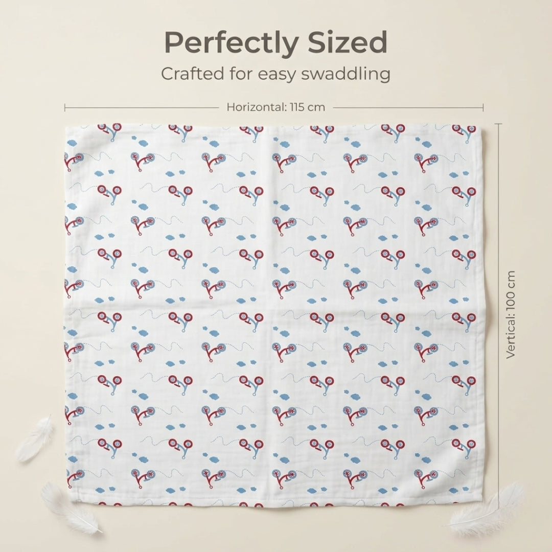 Lazytoddler Muslin Swaddle Printed Design (Blue Dino & Cycle)  Set of 2