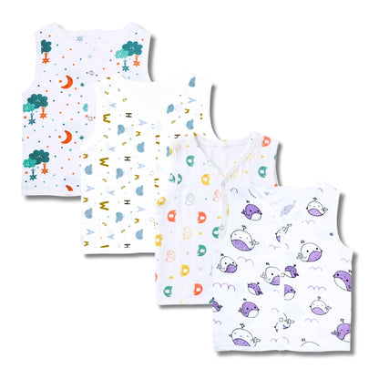 Premium Muslin Printed Push-Button Jhabla Pack of 4 - Mix Print