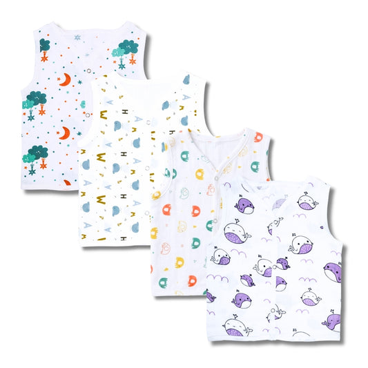 Premium Muslin Printed Push-Button Jhabla Pack of 4 - Mix Print