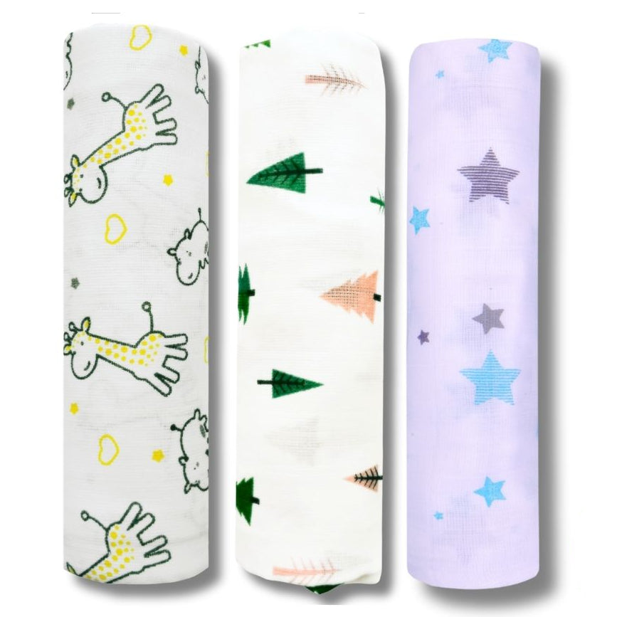Lazytoddler Muslin Swaddle Printed Design (YC , Tree , BS) Set of 3
