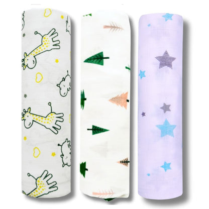 Lazytoddler Muslin Swaddle Printed Design (YC , Tree , BS) Set of 3