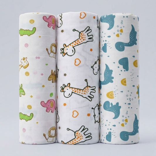 LazyToddler Premium Muslin Baby Swaddle Set of 3 | Multi-Print Design Blankets