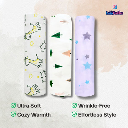 Lazytoddler Muslin Swaddle Printed Design (YC , Tree , BS) Set of 3