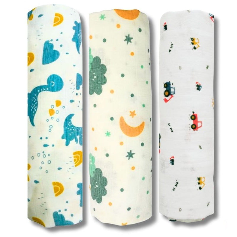 Lazytoddler Muslin Swaddle Printed Design (Blue Dino , Cloud , Crane) Set of 3