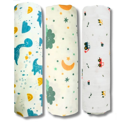 Lazytoddler Muslin Swaddle Printed Design (Blue Dino , Cloud , Crane) Set of 3