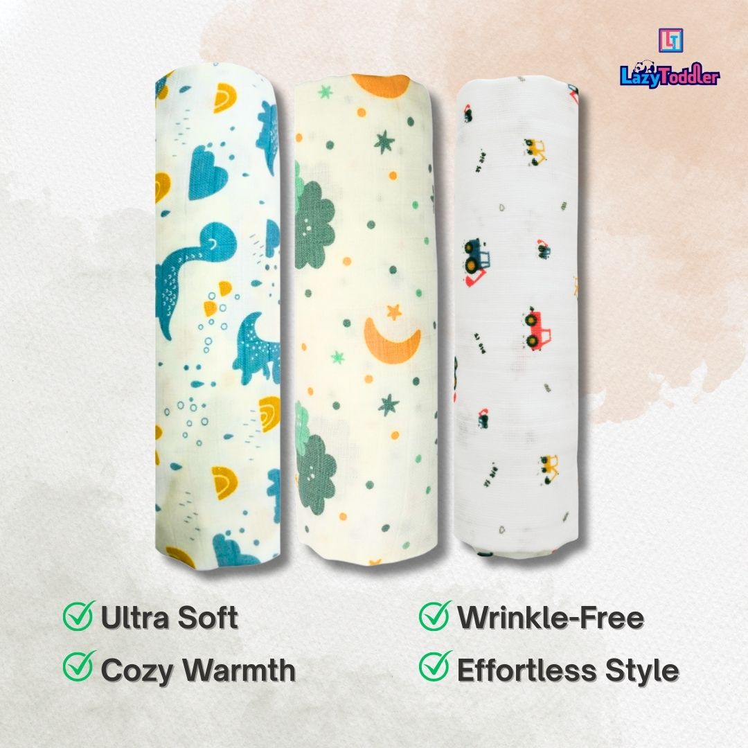 Lazytoddler Muslin Swaddle Printed Design (Blue Dino , Cloud , Crane) Set of 3