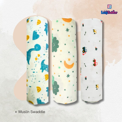 Lazytoddler Muslin Swaddle Printed Design (Blue Dino , Cloud , Crane) Set of 3