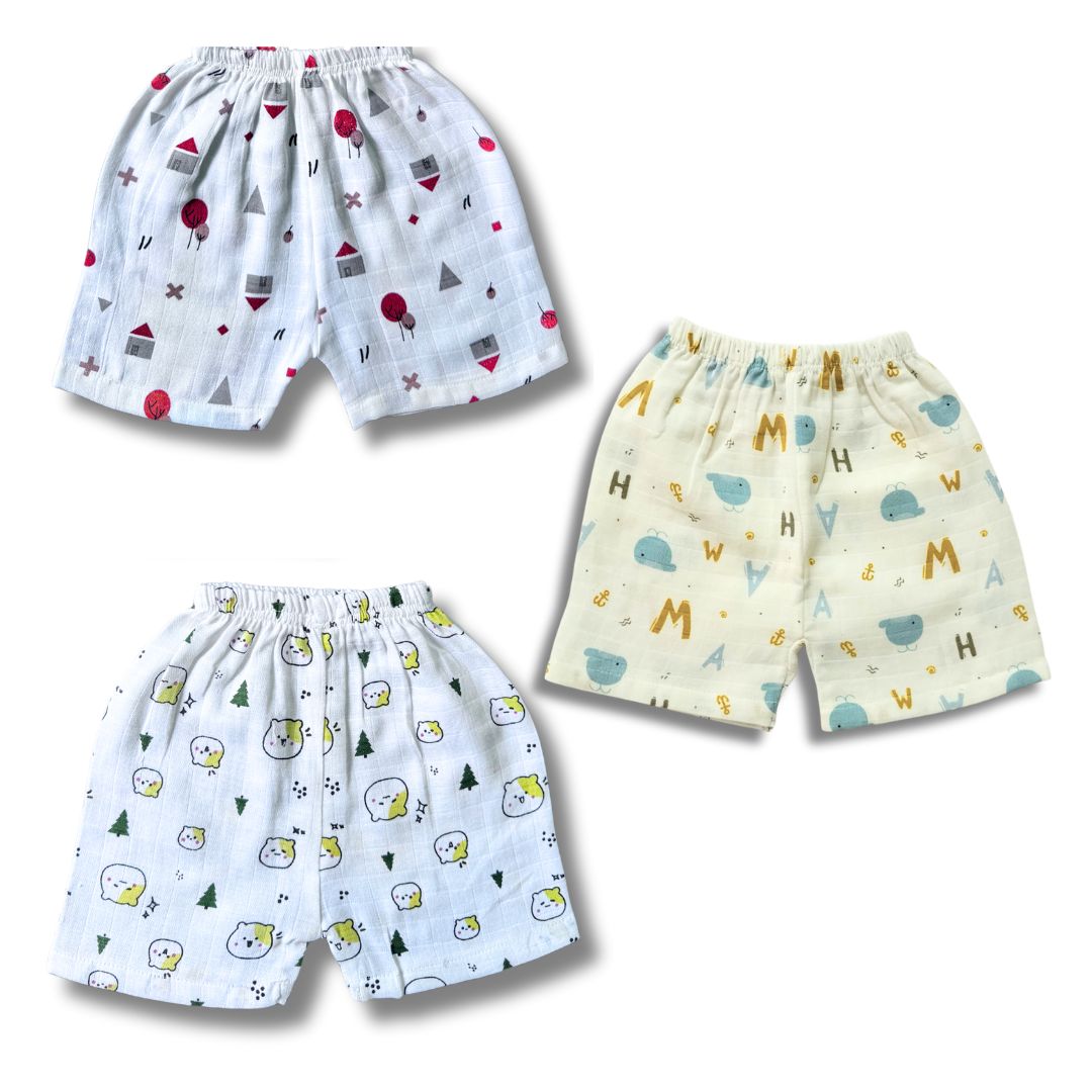 LazyToddler Summer Essential Pack of 3 Pure Muslin Cotton Shorts for Toddlers Infants