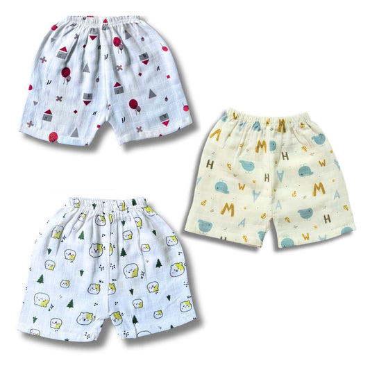 LazyToddler Summer Essential Pack of 3 Pure Muslin Cotton Shorts for Toddlers Infants