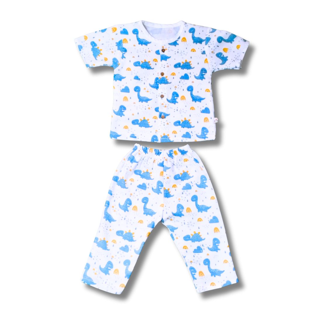 LazyToddler Muslin Half Shirt and Full Pant Set (Blue Dino)