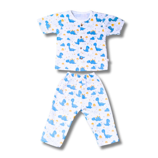 LazyToddler Muslin Half Shirt and Full Pant Set (Blue Dino)