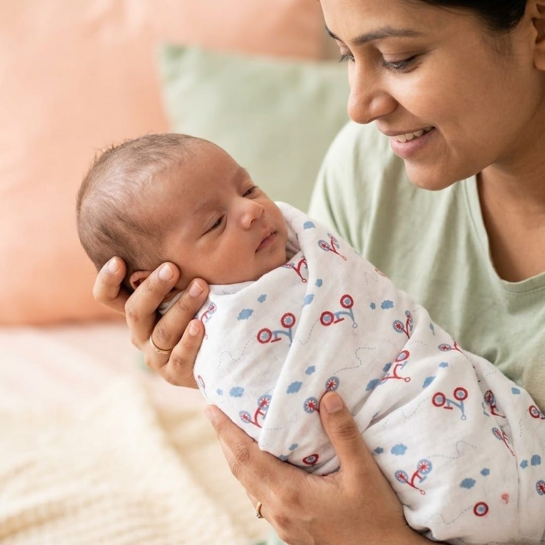 Soft organic muslin swaddle blanket animal print laid flat for newborns
