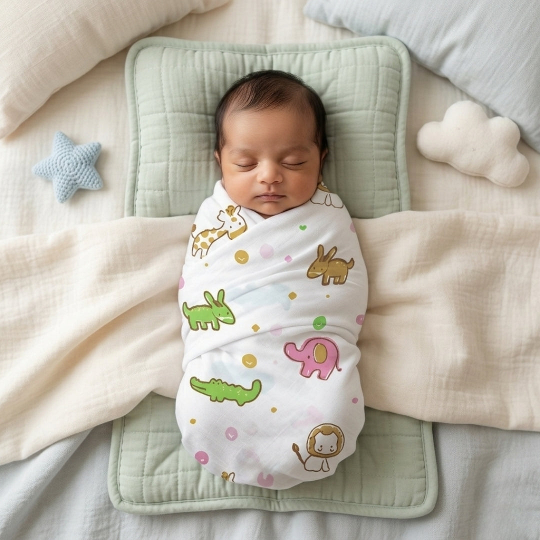 Soft organic muslin swaddle blanket animal print laid flat for newborns