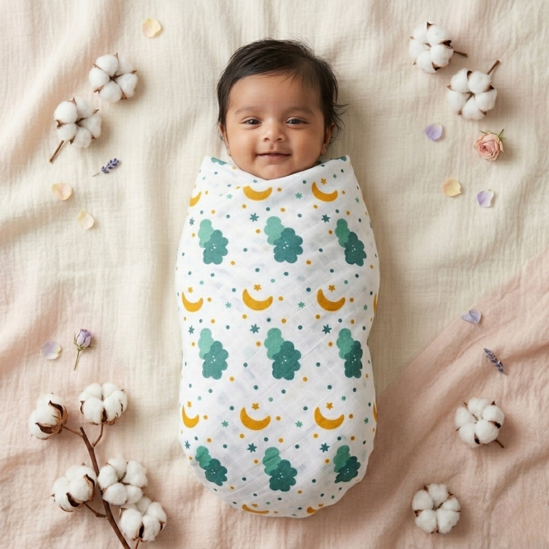 Baby wrapped in a colorful swaddle with nature-themed design, surrounded by cotton flowers on a soft pink background.