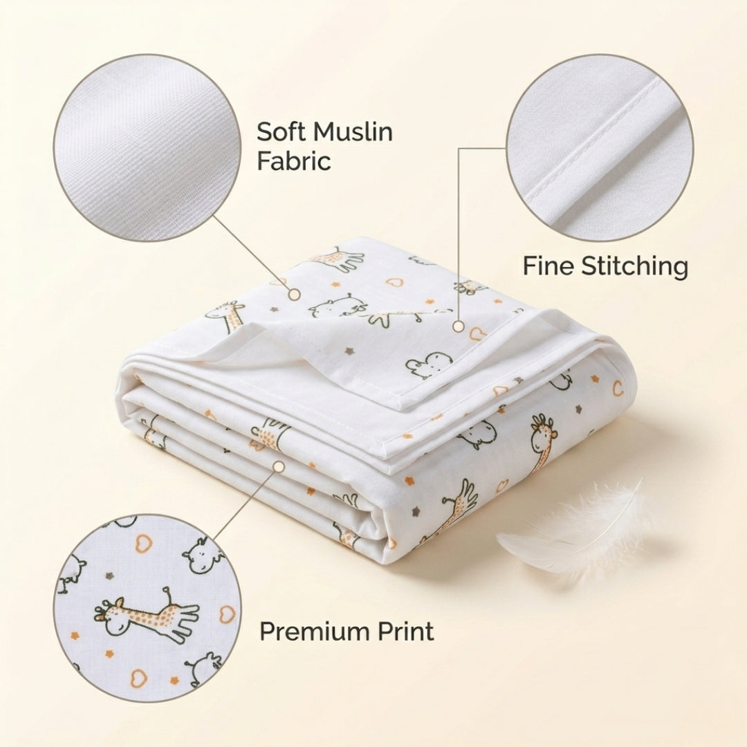 Folded baby Giraffe swaddle blanket with fabric texture, stitching, and print details on a beige background