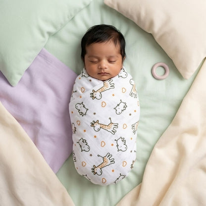 Newborn baby swaddled in a Giraffe patterned swaddle blanket on a soft surface with a pink ring nearby.