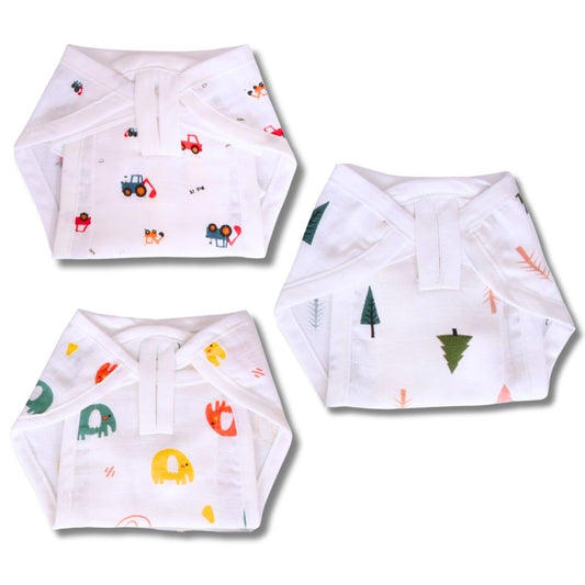 Lazytoddler Muslin Padding Nappy (Crane , Elephant ,Tree)-Pack of 3