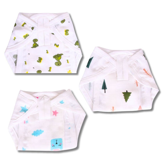 Lazytoddler Muslin Padding Nappy (Dino Green , Tree , Little One)-Pack of 3