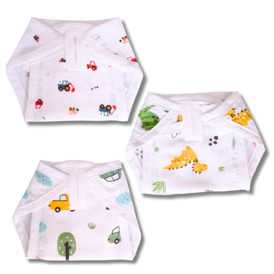 Lazytoddler Muslin Padding Nappy (Crane , Dino , Car) – Pack of 3