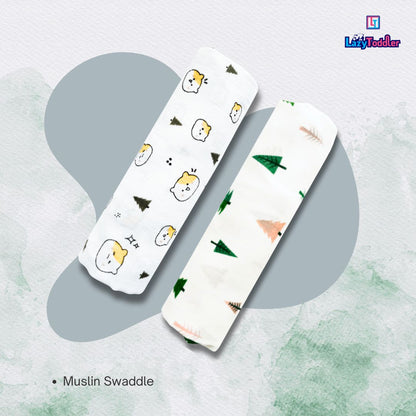 Lazytoddler Muslin Swaddle Printed Design (Teddy & Tree)  Set of 2