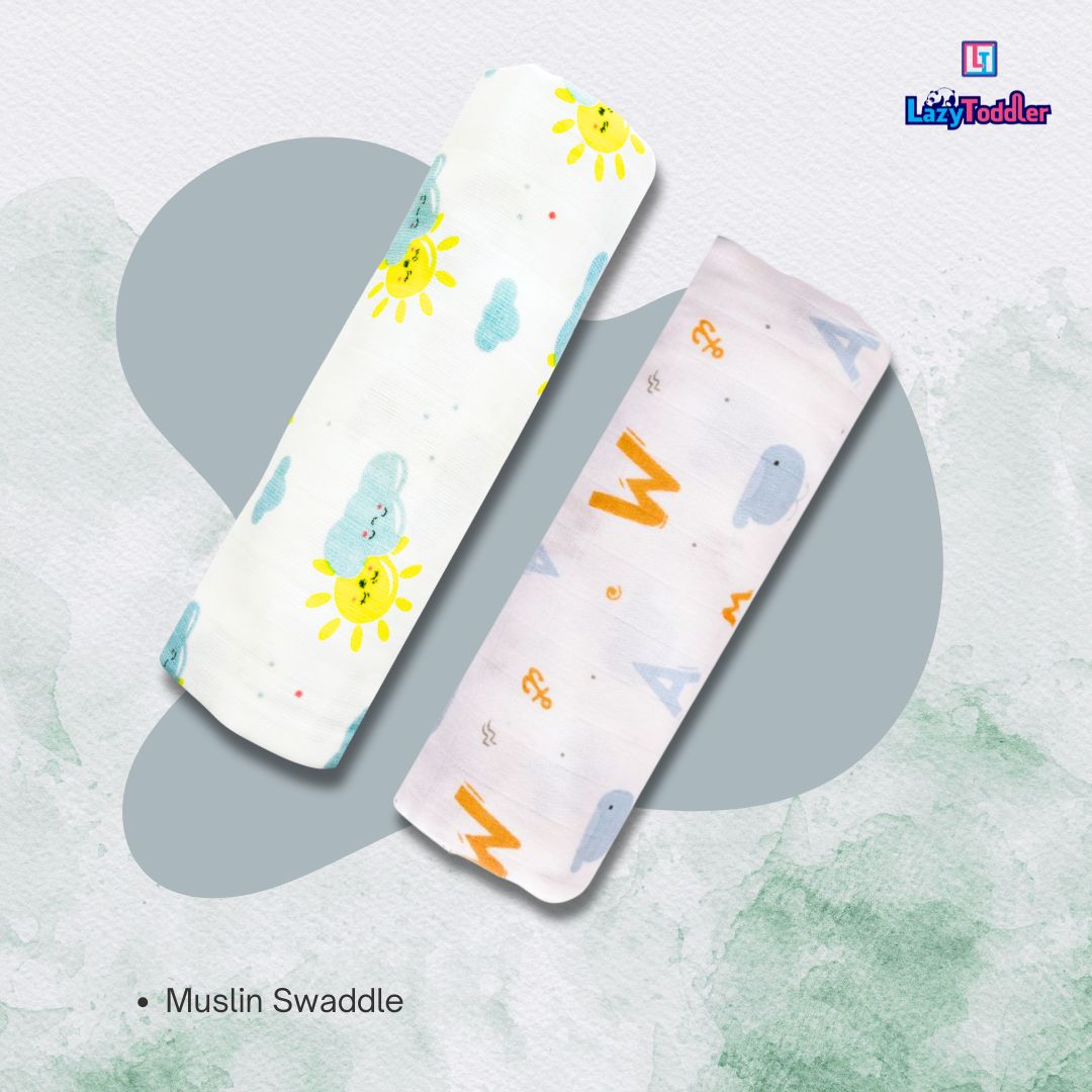 Lazytoddler Muslin Swaddle Printed Design (Elephant & Alphabet)  Set of 2